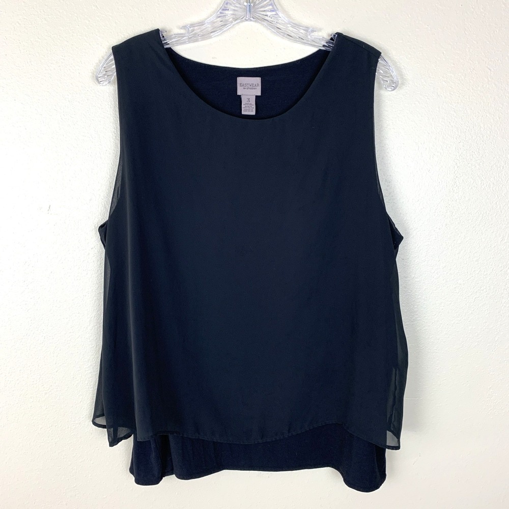 Chicos Black Sleeveless Blouse Top Size XL 3 Slit Back Layered Work Office Tank
